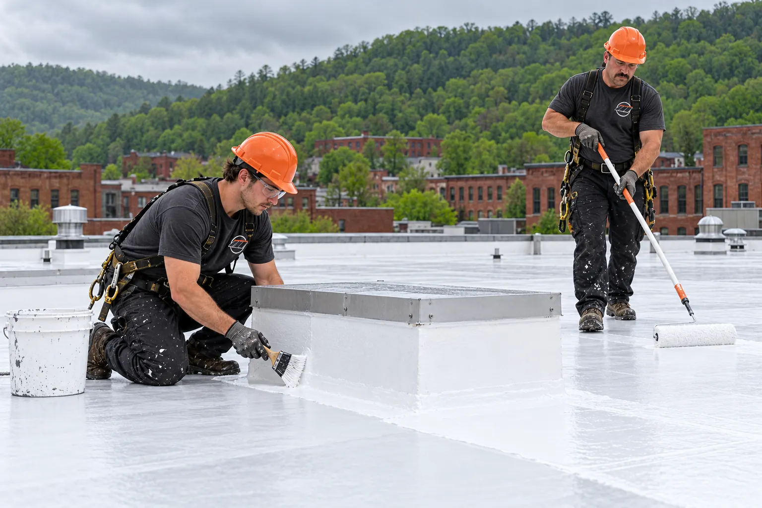 Roofer brushing acrylic coating onto a curb while another rolls the field