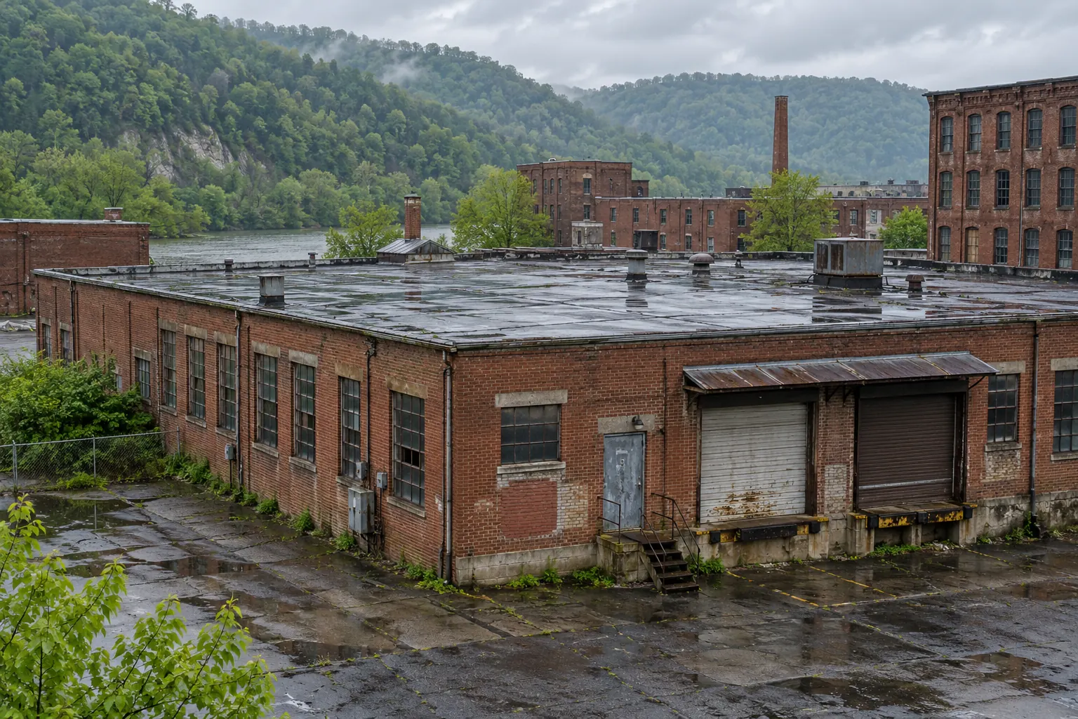 Older brick warehouse with a low-slope roof and dock doors