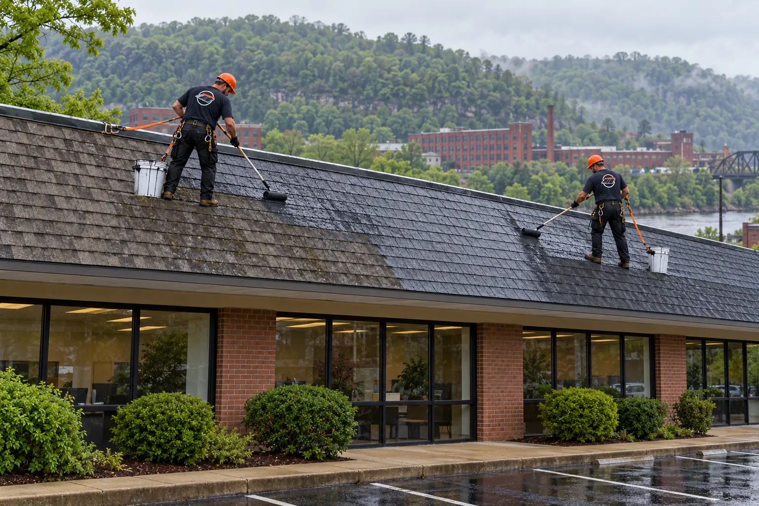 Two roofers coating the asphalt shingle roof of a one-story office building