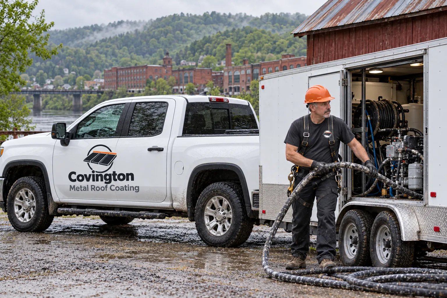Coating rig trailer and work truck parked beside a metal building