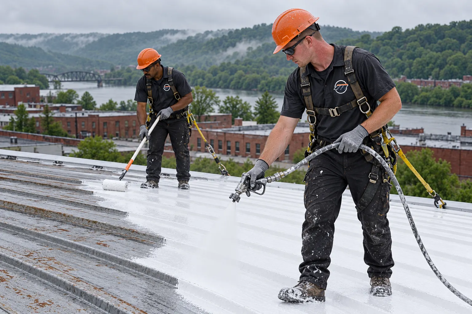 Two roofers in logo shirts spraying white coating over a rusted metal roof above the Ohio River in Covington, KY