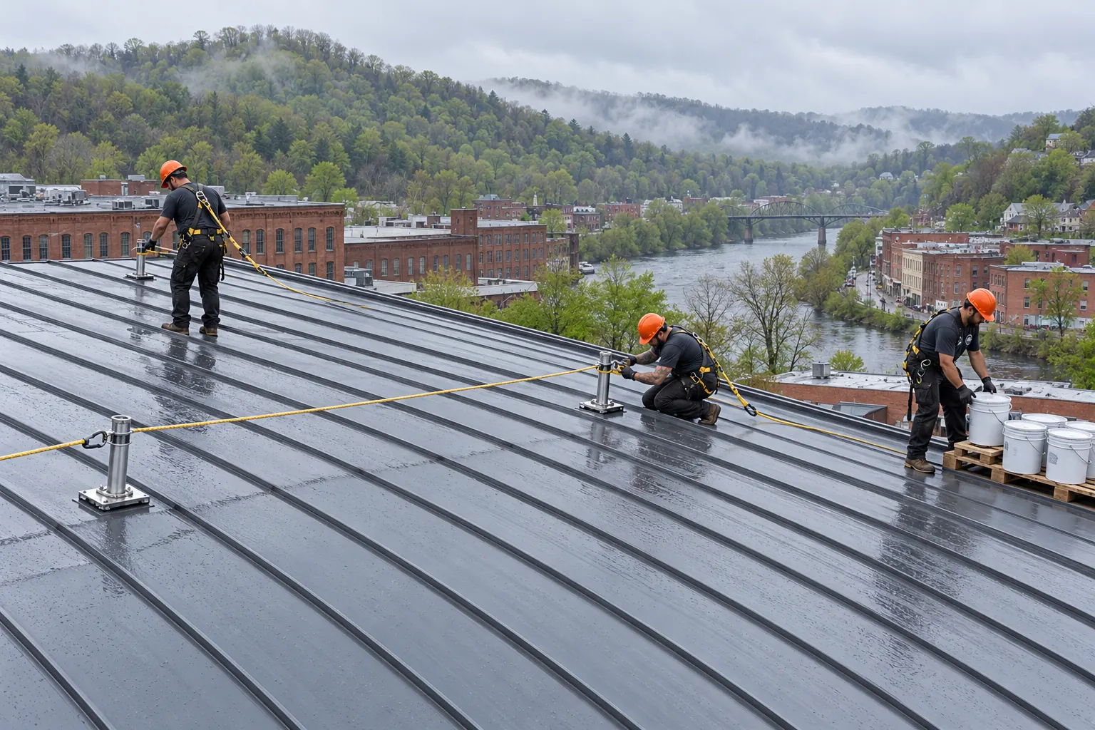 Crew staging coating pails on a metal roof above the river cities