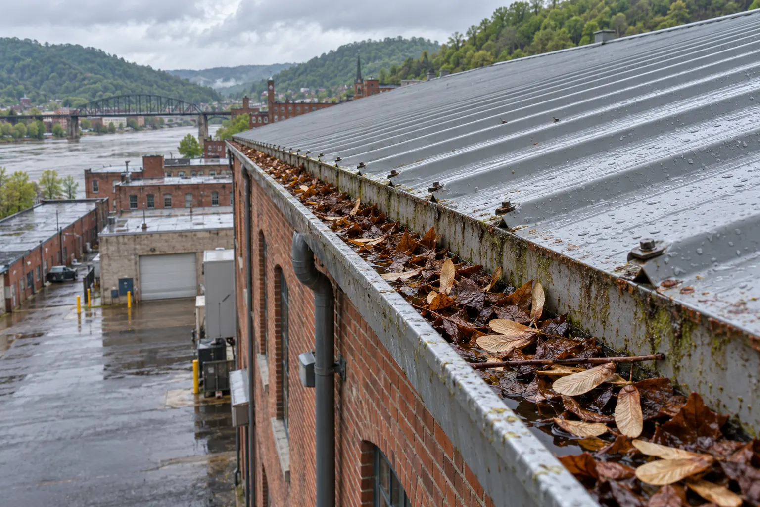 Wet leaves packed in a gutter along the eave of a metal roof