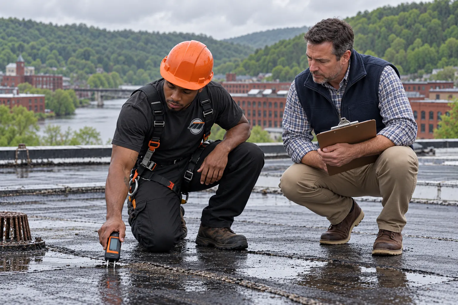Roofer with a moisture meter checking a low-slope roof while the building owner takes notes