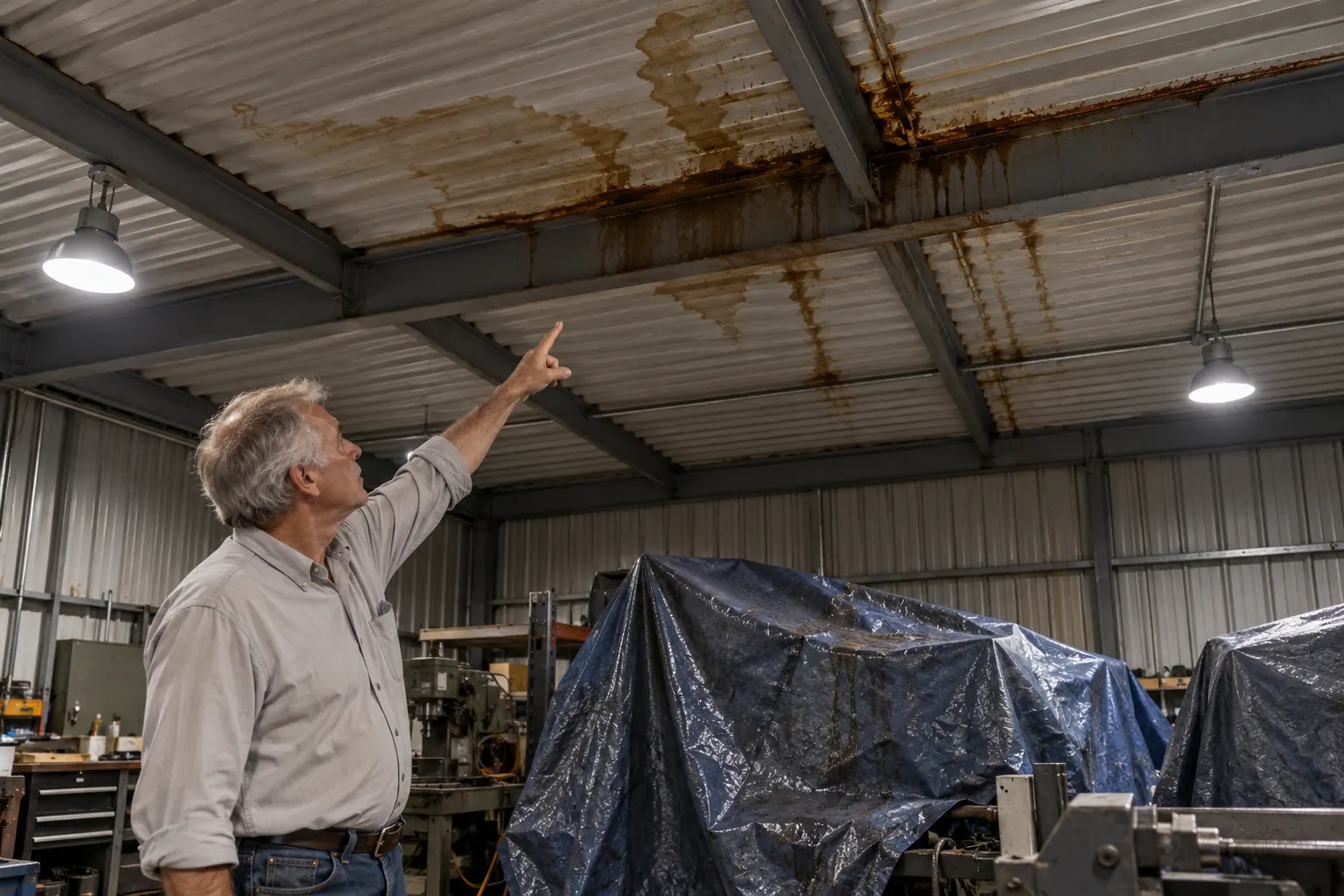 Building owner pointing to a water stain on the ceiling of a metal shop