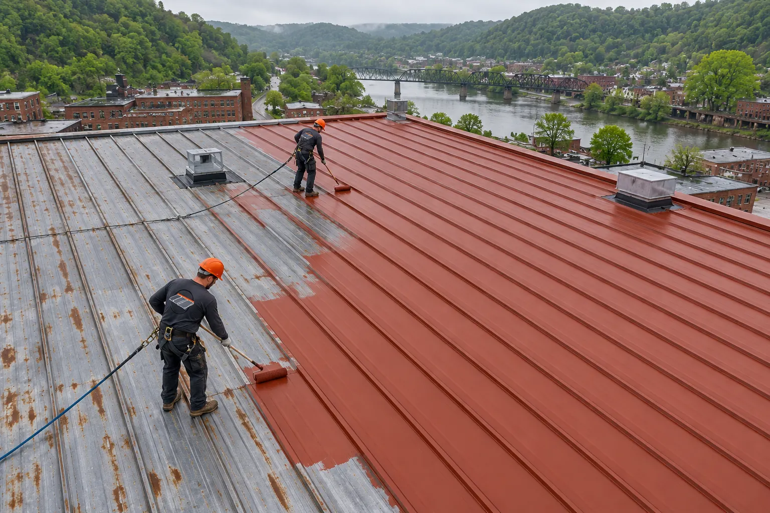 Crew rolling red coating over rusted metal roof panels on a riverfront building