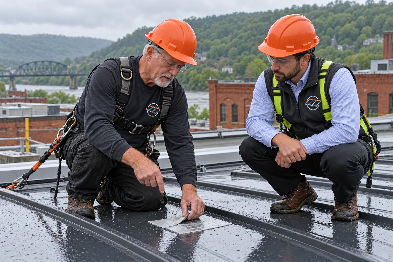 Roofer kneeling with a building manager to point out an open lap on a metal roof
