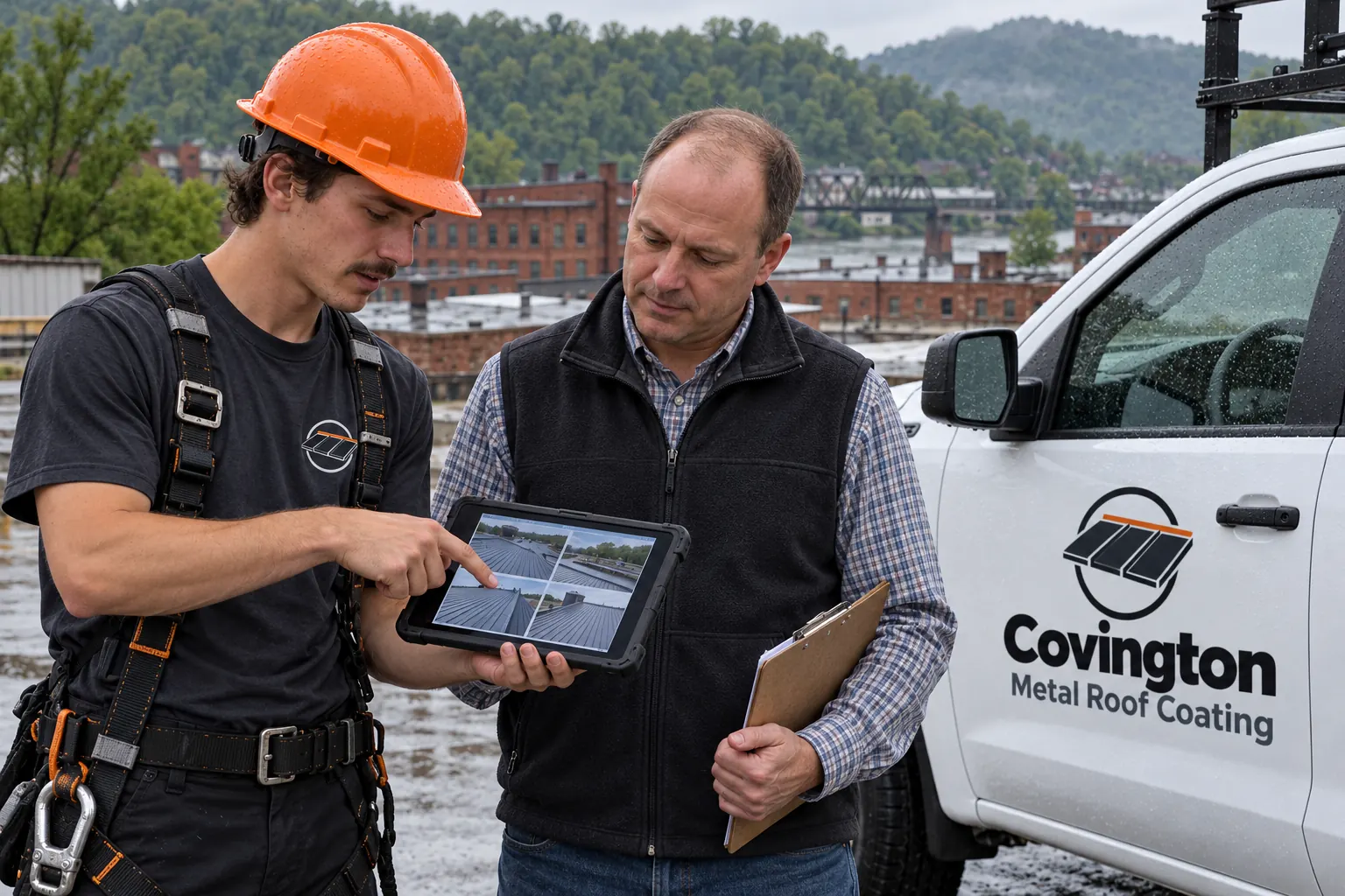 Roofer reviewing roof photos with a building owner on a tablet