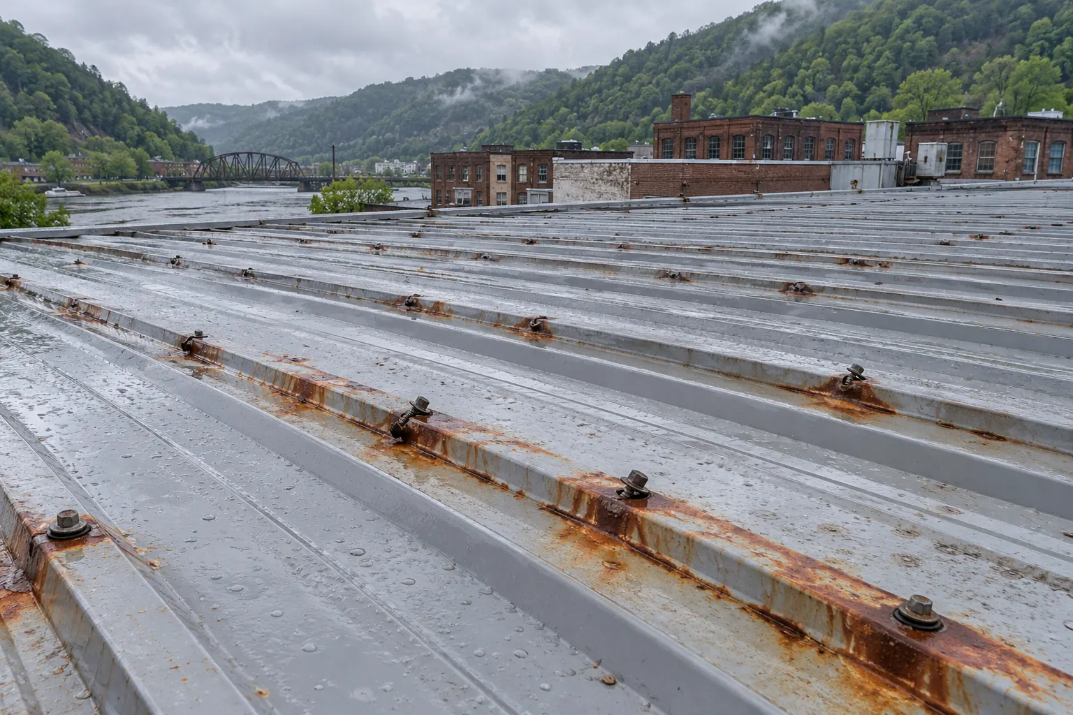 Rusted screws and corroded laps along the ribs of a metal roof