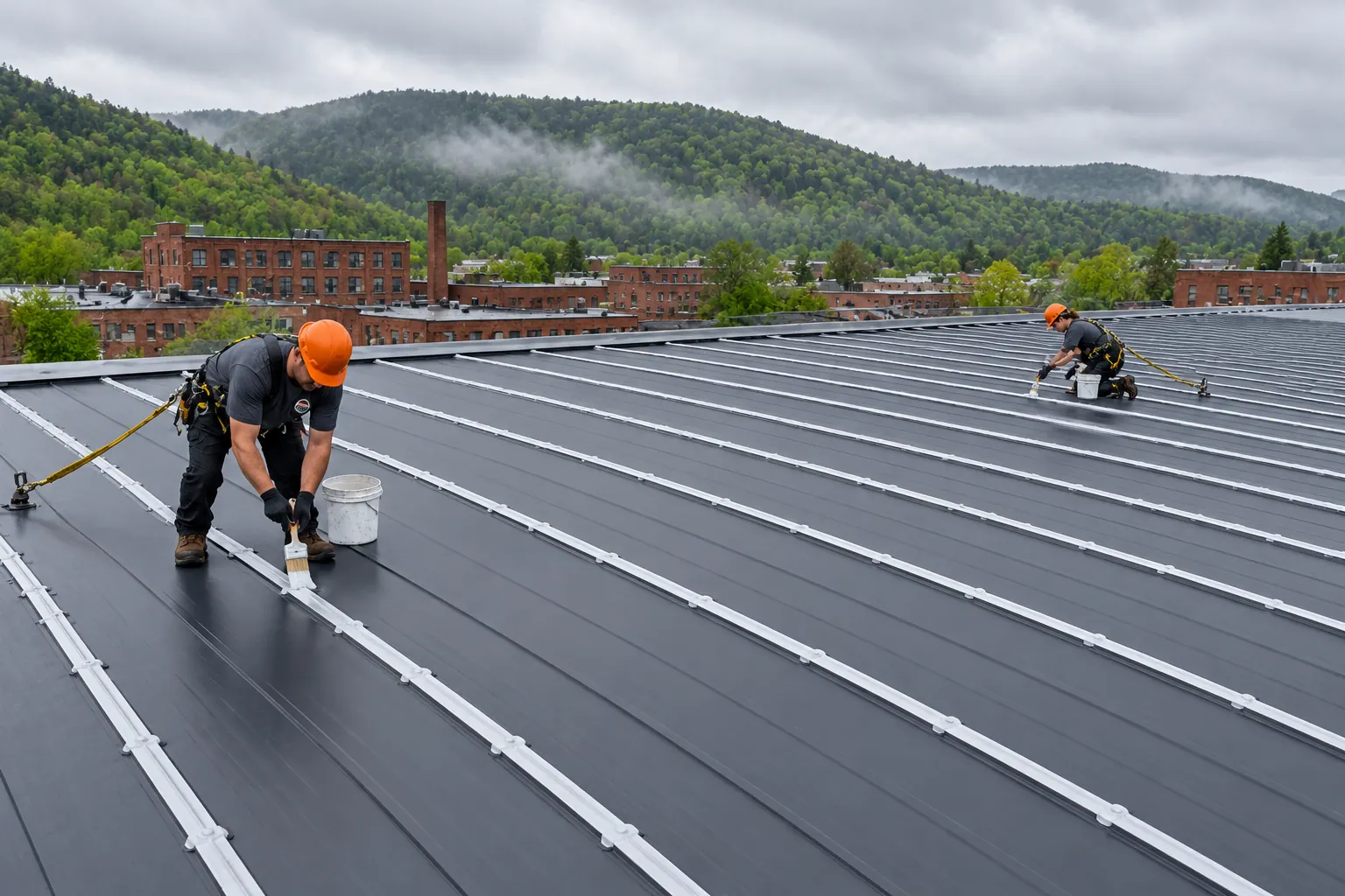 Roofers sealing end laps on a standing seam roof
