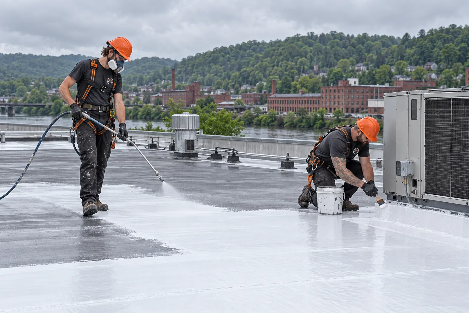 Roofer spraying silicone coating while another seals around a rooftop unit