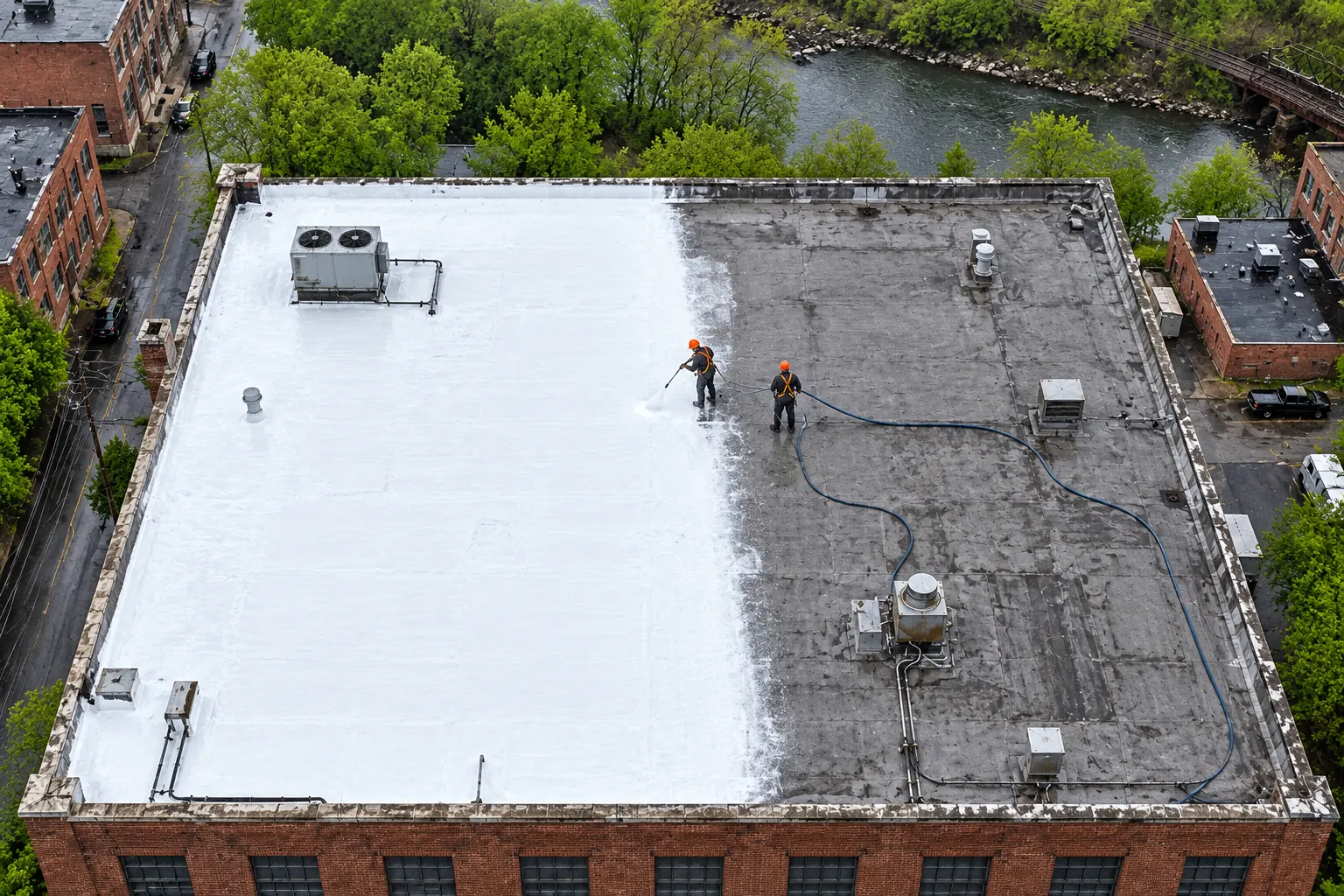 Aerial view of a crew coating half of a flat commercial roof in white