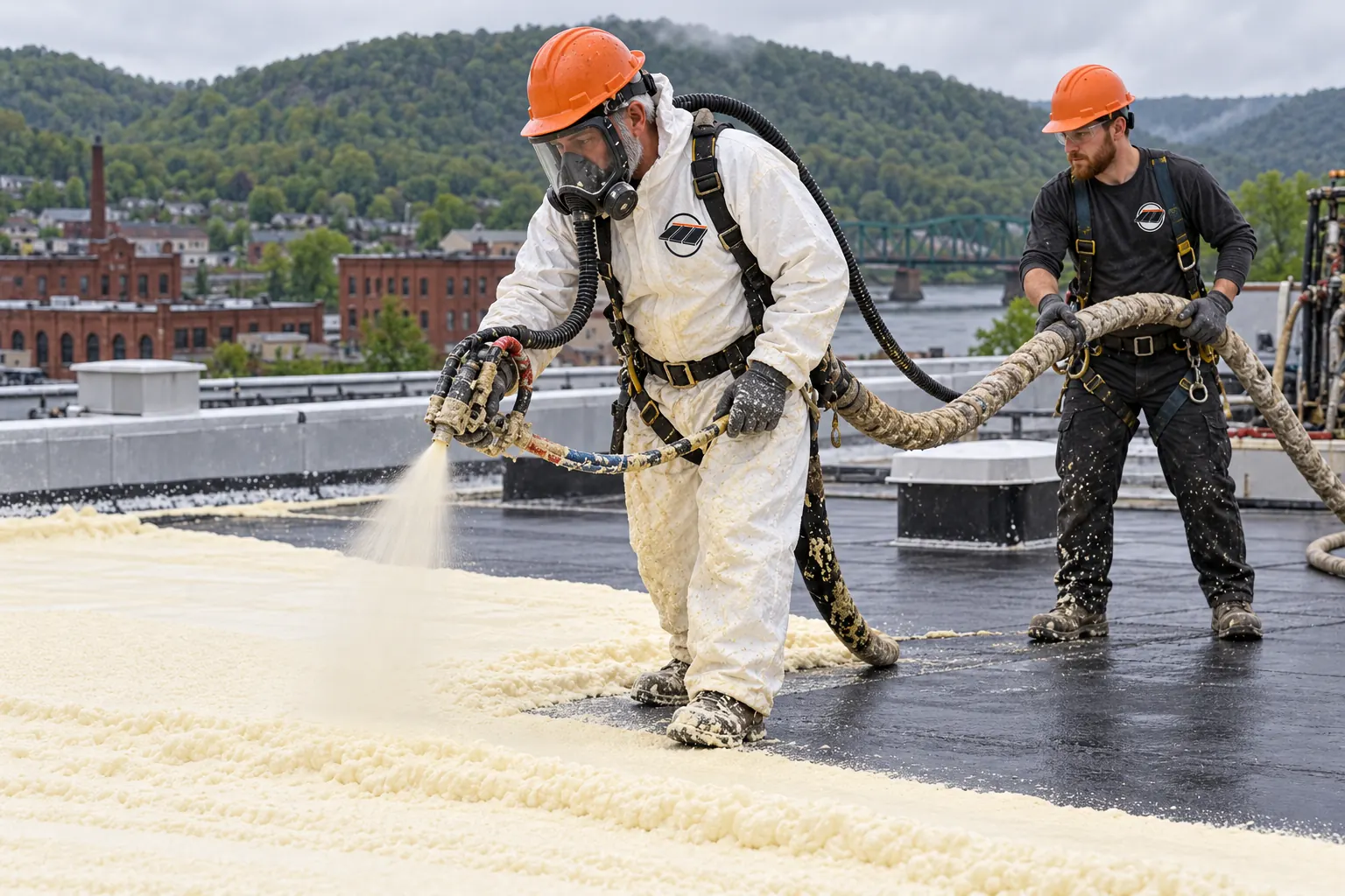Applicator in a protective suit spraying foam over a roof deck while a helper guides the hose