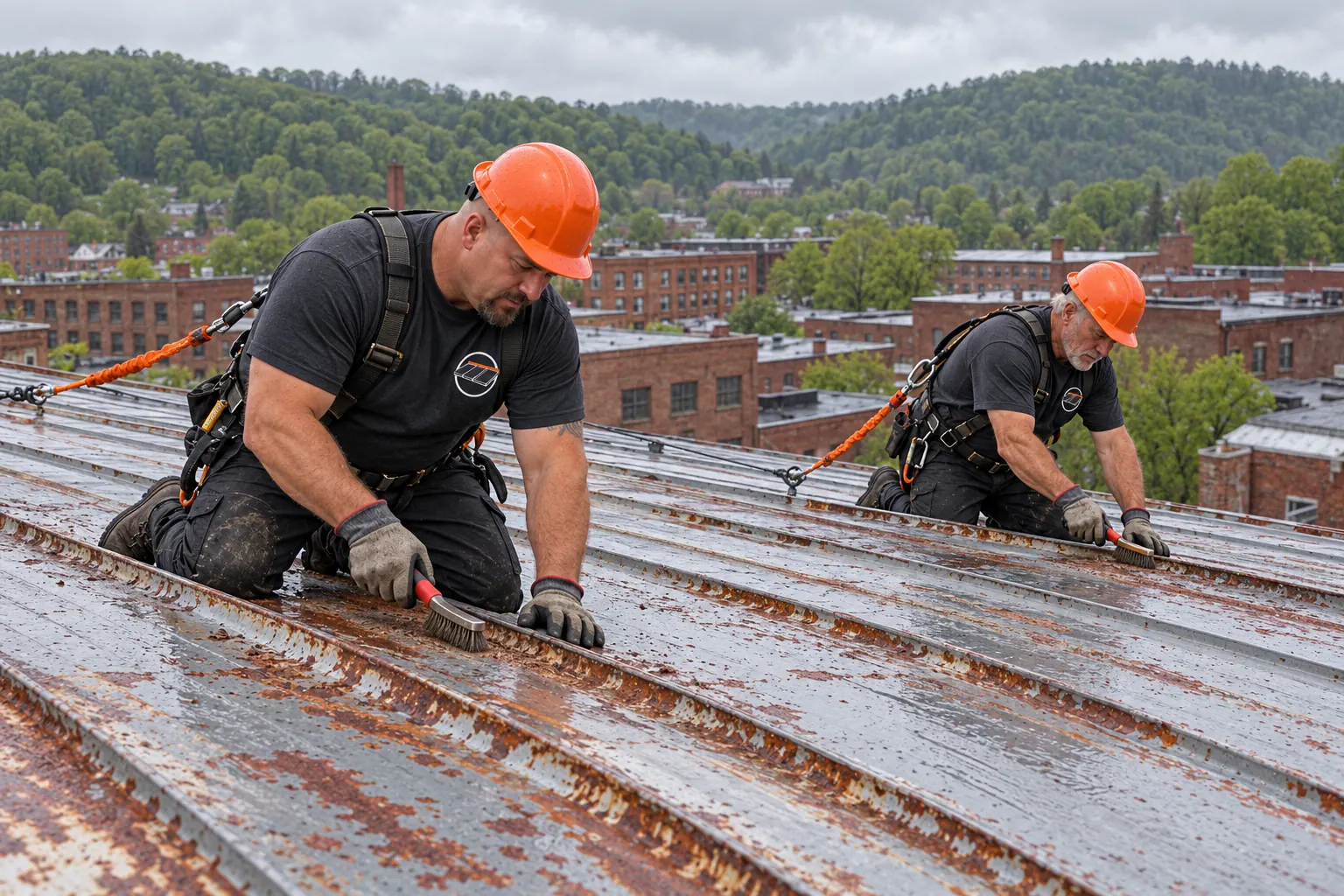Two roofers wire brushing rust off the laps of a corrugated metal roof